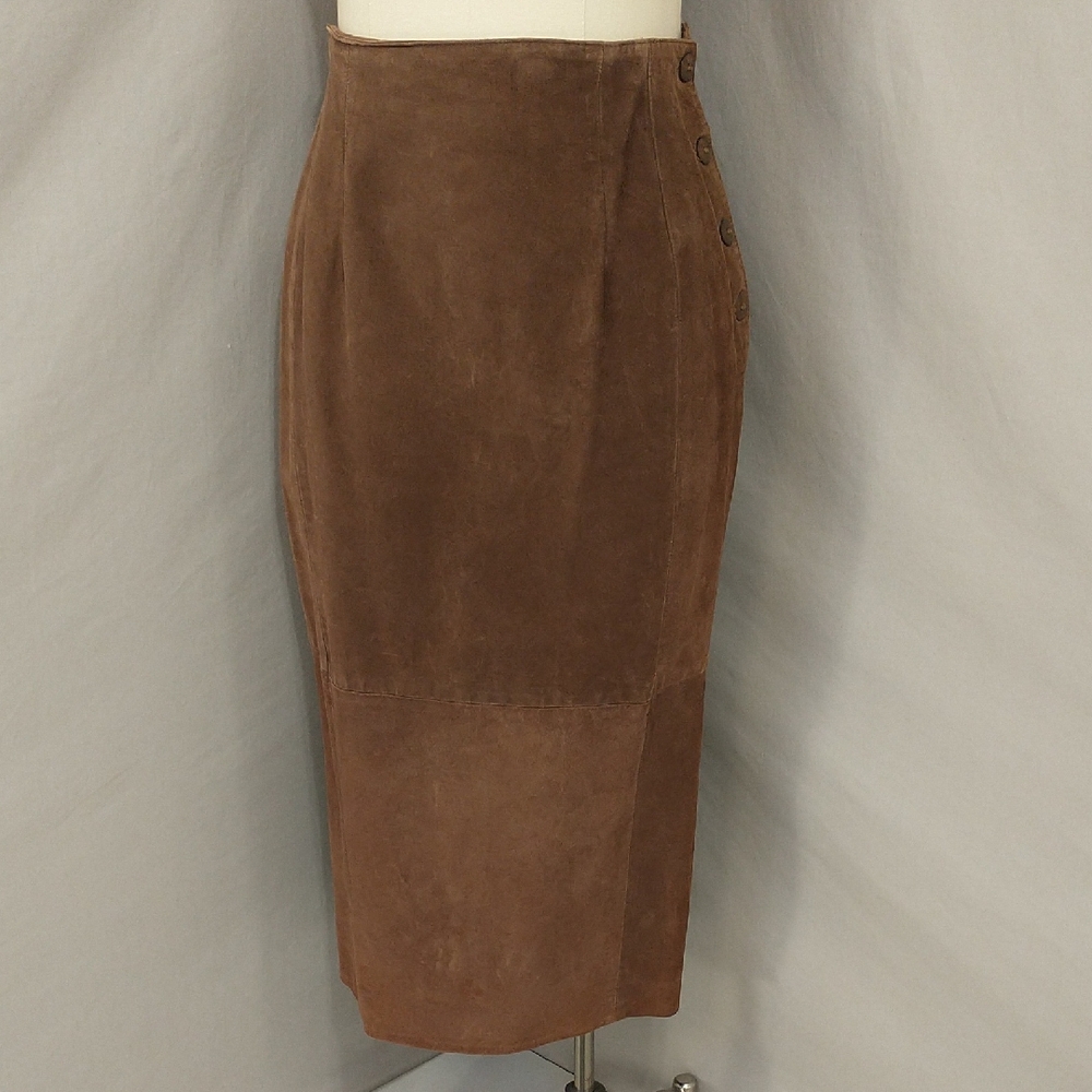 Vintage Suede Leather Straight Skirt Mid Brown Color 35.5" Long Midi USA Made